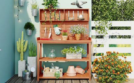 TOPMAX 65" Large Wooden Farmhouse Rustic Outdoor Potting Bench Table, Patio Workstation, Garden Potting Bench with 4 Storage Shelves and Side Hoo (Color: as Pic)